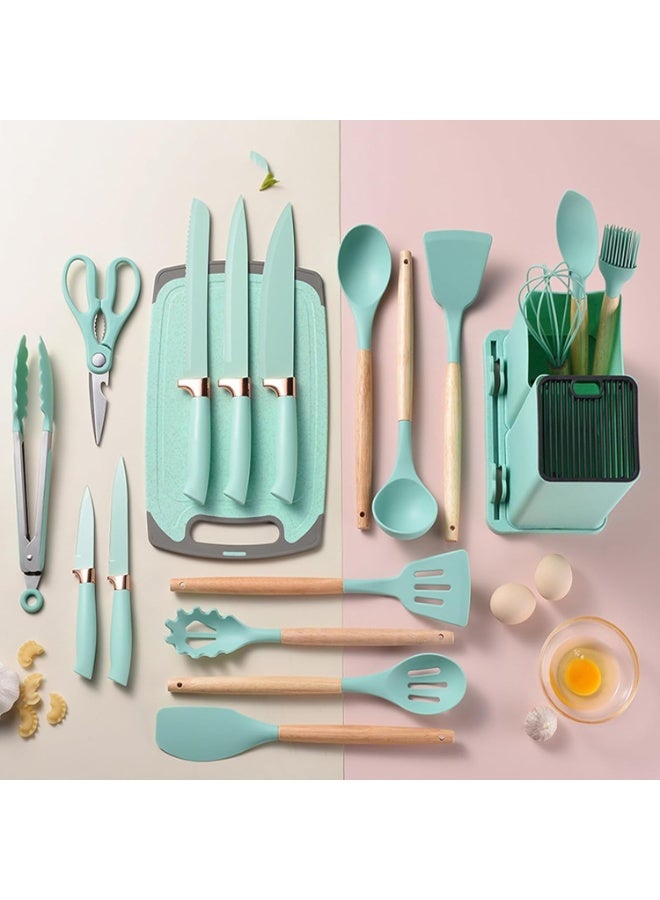 DubaiGallery Modern 19Pcs Kitchen Utensil Set Silicone and Wood Construction, Heat Resistant Non Stick Cookware Safe Tools, Knives, Spatulas, Spoons, Whisk, Tongs, Organized Cooking Accessories Collection - Image 1